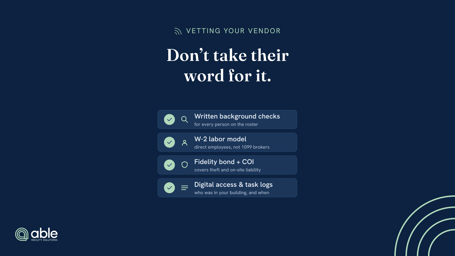 Verification checklist for vetting a cleaning vendor · written background checks, W-2 labor, fidelity bond, digital access logs.